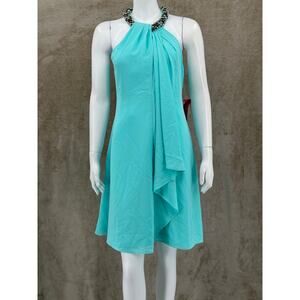 Calvin Klein Dress Womens 4 Aqua Seafoam Sleeveless Embellished Halter Shift‎